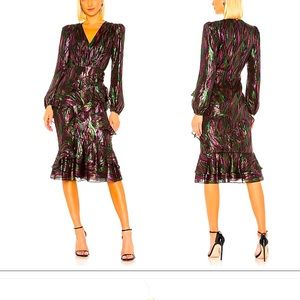 saloni alya black rainbow ruffle midi dress shiny